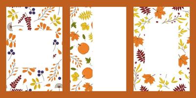 set of backgrounds with leaves, berries and pumpkins. Autumn illustration for postcards, covers and invitations. Botanical background. vector