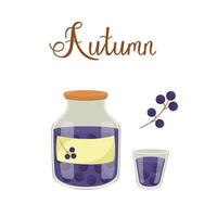 drawing with a jar and a glass of currant compote. Home canning. Vitamin juice from ripe berries. Vegetarianism concept. Autumn composition with text. vector