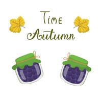 drawing with a jar of currant jam. Home canning. Vegetarian concept. Autumn composition with text. vector