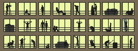 Silhouette or shadow of people in the window. People in windows. Occupations of people if you look out the windows. vector