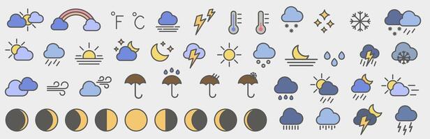 Set of colored bright weather icons with stroke. Weather forecast. vector