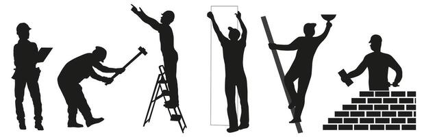 Builders. Silhouettes of workers and builders with tools in the workplace. vector
