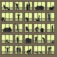 Illustration of apartment buildings with windows. Different life situations, view from the window. vector