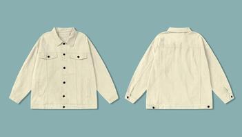 Cream colored denim jacket, for fashion design projects, mockups, apparel product showcases in both front and back views. photo