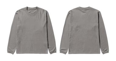 Grey long sleeve t shirt mock up, front and back view, isolated on white background. Perfect for your design or branding project. photo