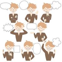 collection set of cute doodle hand draw speech bubble balloon with boy man character facial expression, text box think speak talk banner vector