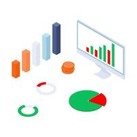 Isometric business statistics with graphs, diagrams, coins and monitors on white background. Financial reports, digital information vector