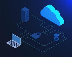 Cloud computing technology concept. Modern data center technology, web hosting and cyber security in isometric style on dark blue vector
