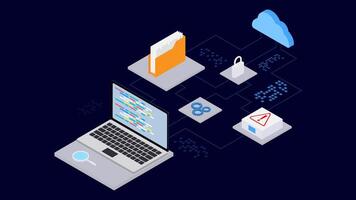 Isometric style program development with laptop connection, database, cloud computing, documents, servers, locks and gears. Big data flow processing vector