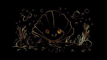Neon frame effect, seashell with a cute face and little sea creatures around it on black background video