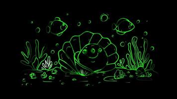 Neon frame effect, seashell with a cute face and little sea creatures around it on black background video