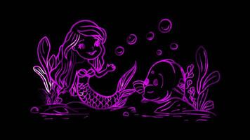 Neon frame effect,Smiling Mermaid with a Fish Friend on black background video