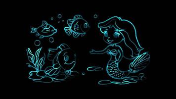 Neon frame effect,Smiling Mermaid with a Fish Friend on black background video