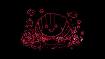 Neon frame effect, seashell with a cute face and little sea creatures around it on black background video