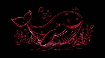 Neon frame effect, whale spouting water with a happy face on black background video