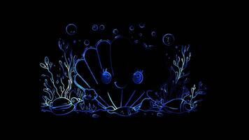 Neon frame effect, seashell with a cute face and little sea creatures around it on black background video
