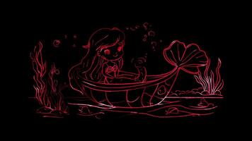 Neon frame effect,Playful Mermaid in a Sea Shell Boat on black background video