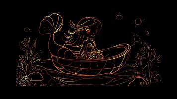 Neon frame effect,Playful Mermaid in a Sea Shell Boat on black background video