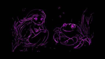 Neon frame effect,Happy Mermaid and Friendly Crab on black background video