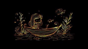 Neon frame effect,Playful Mermaid in a Sea Shell Boat on black background video