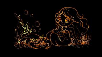 Neon frame effect,Happy Mermaid and Friendly Crab on black background video
