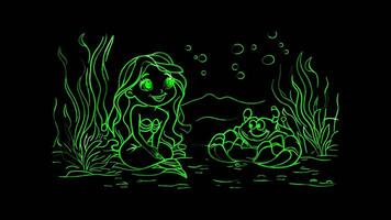 Neon frame effect,Happy Mermaid and Friendly Crab on black background video