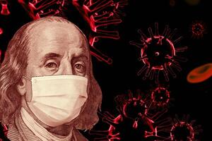 Benjamin Ben Franklin isolated face from 100 dollar banknote with a face mask on covid background photo