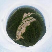 360 spherical panorama of aerial top vew of winding road in the mountains photo