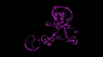 Neon- Rahmen Wirkung, Fußball Spieler treten ein Fußball Ball mit ein groß Lächeln auf schwarz Hintergrund video