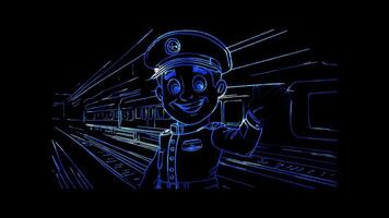 Neon frame effect, A train conductor with a cheerful face and a waving hand on black background video