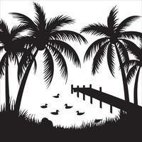 Silhouette of palm trees and a dock with ducks vector