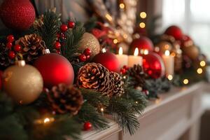 Christmas Mantel Decorated with Red and Gold Baubles, Pinecones, Candles, and Greenery photo