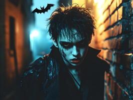 Dark and Brooding Figure with Dramatic Makeup in a Dimly Lit Alley with Bat Silhouette photo
