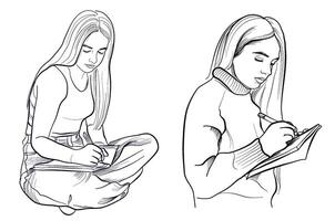 a set of black and white drawings by the hand of a girl writing in a notebook, diary with a pen illustration vector