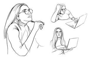 a set of hand-drawn drawings of a girl with glasses for vision correction working on a laptop, writing in a diary, notebooks vector
