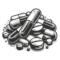 Capsules and Tablets Black and White Illustration vector