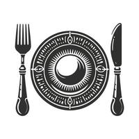 A Black And White Plate With A Knife And Fork. vector