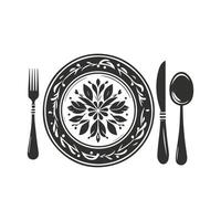 Classic Dining Black and White Plate with Knife and Fork vector