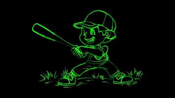 Neon frame effect, Cheerful Baseball Player on black background video