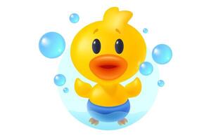 Illustration of cute duck with bubbles in bathroom in realistic style. Icon of kawaii duck with bubbles. vector