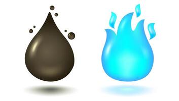 Illustration of oil drop and fire of gas in 3D style. Icon of oil drop and blue fire in realistic style. vector