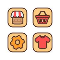 Icons set of store or stall, red t-shirt, plastic grocery cart, gear or symbol system settings. Colorful design elements. Simple sign for logo, mobile app, web design vector