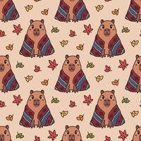 Autumn background with cozy animal capybara wrapped in comfy blanket. Seamless pattern with cartoon character and fall leaves vector