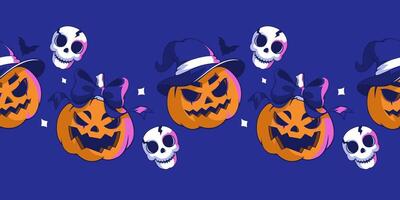 Seamless border with cute jack o lantern pumpkin monsters. Bow on head and witch hat. Festive background for Halloween. Repeating print. Spooky Ornaments Decoration vector