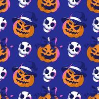 Seamless pattern with cute jack o lantern pumpkins monsters and skulls. Bow on the head and witch hat. Festive background for Halloween. Repeat print for fabric, wrapping paper, textile vector