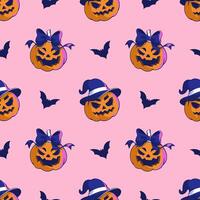 Seamless pattern with jack o lantern pumpkins monsters. Bow on head, witch hat vector