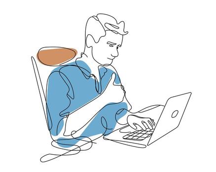 A man working on laptop showing thums up line art isolate in white background vector