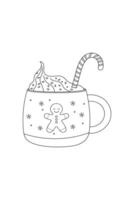 Simple coloring book, cocoa marshmallow, new year Christmas black and white, line drawing on white background. vector