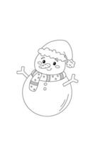 Simple coloring book, snowman, new year black and white, line drawing on white background. vector