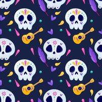 los muertos2Day of the Dead seamless pattern, skull, guitar, on a dark purple background. For wrapping or fabric. vector